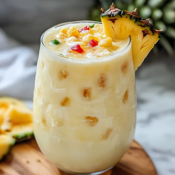 A glass of pineapple juice with a pineapple wedge on top.