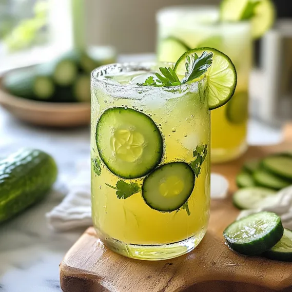 A glass of cucumber juice with a slice of cucumber in it.