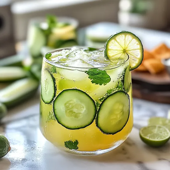 A glass of cucumber juice with slices of cucumber in it.
