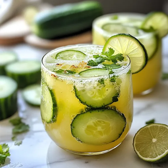 A glass of cucumber juice with slices of cucumber in it.