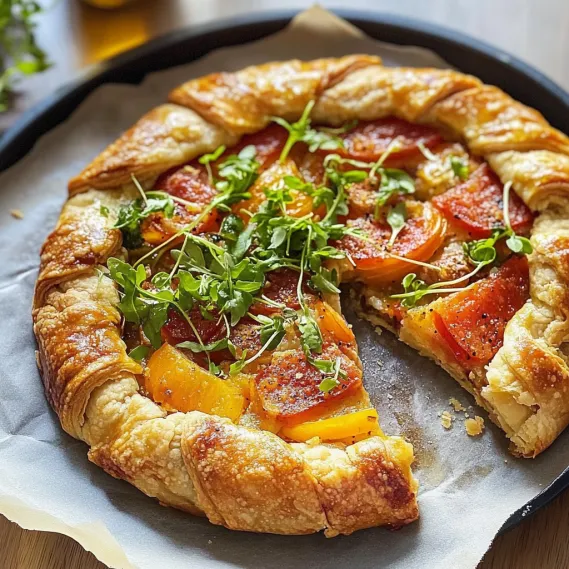A slice of pizza with peppers and greens on top.