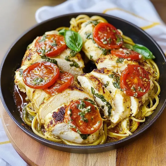 A plate of chicken with tomatoes and spinach.