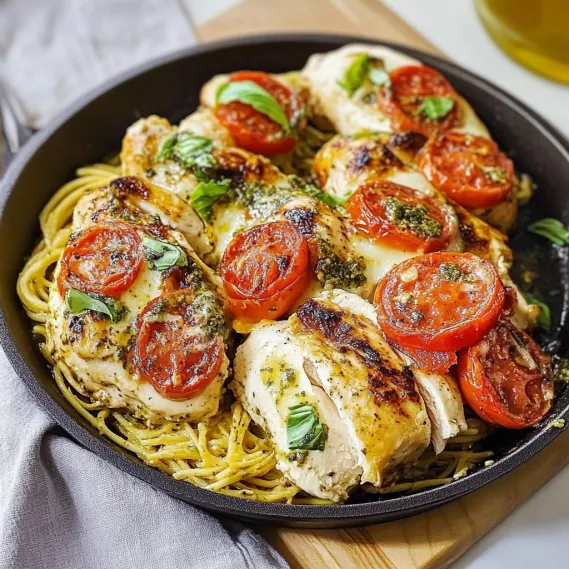 A plate of chicken with tomatoes and basil.