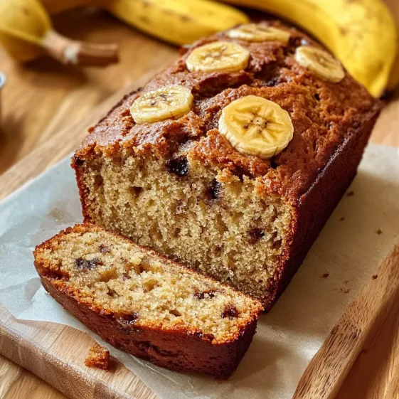 A loaf of banana bread with banana slices on top.