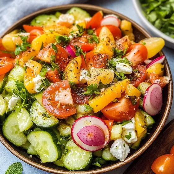 A bowl of vegetables with cucumbers, tomatoes, and peppers.