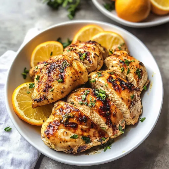 A bowl of chicken with lemon slices on top.