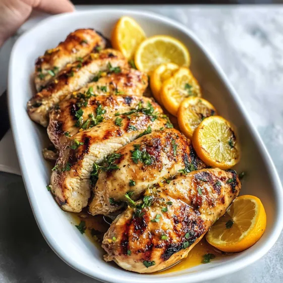 A plate of chicken with lemon wedges on top.