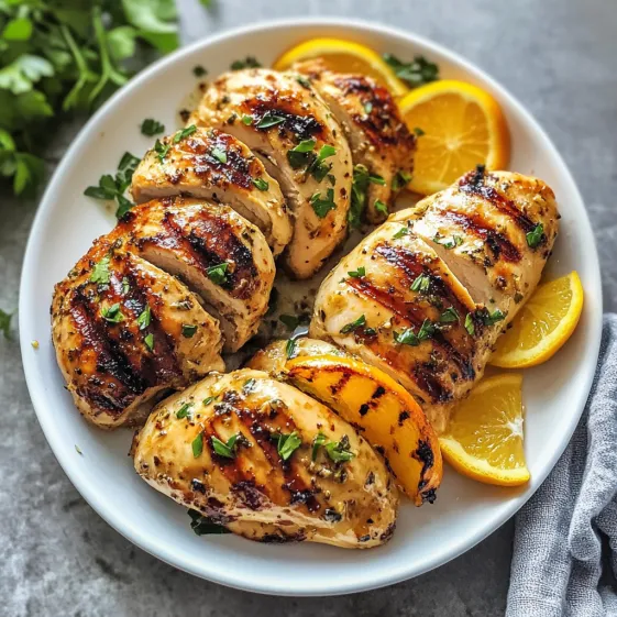 A bowl of chicken with lemon slices on top.