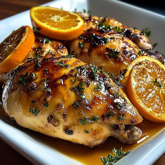 A plate of chicken with oranges on top.
