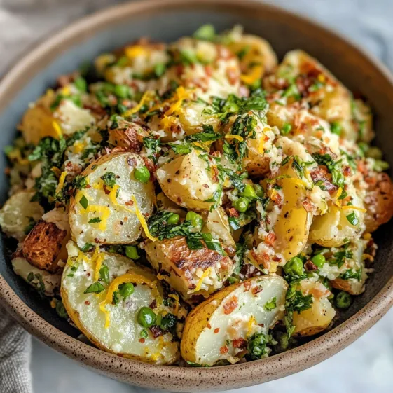 A bowl of food with potatoes and greens.