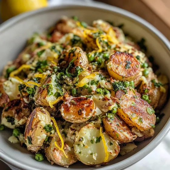 A bowl of food with potatoes and peas.