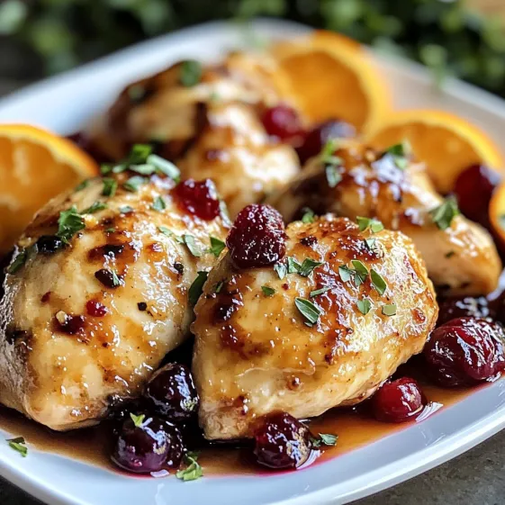 A plate of chicken with cranberries and oranges.