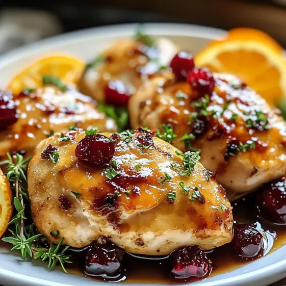 A plate of chicken with orange slices and cranberries.