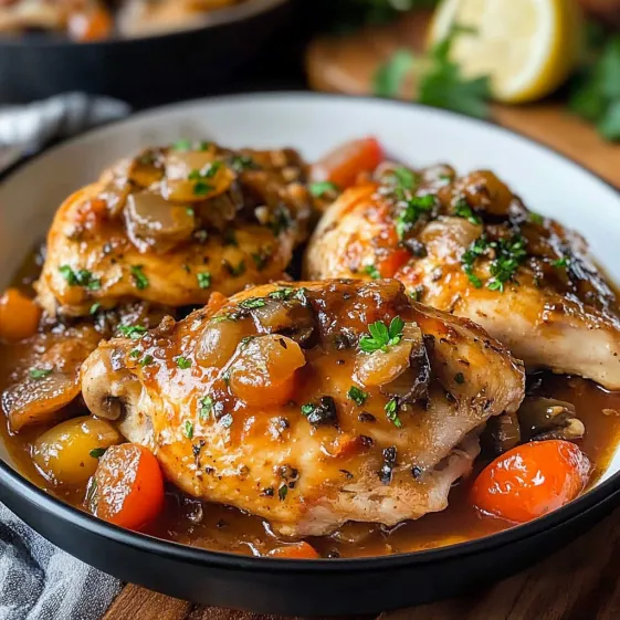 A plate of chicken with mushrooms and carrots.