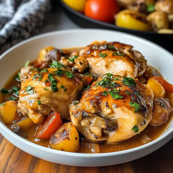A bowl of chicken with vegetables.