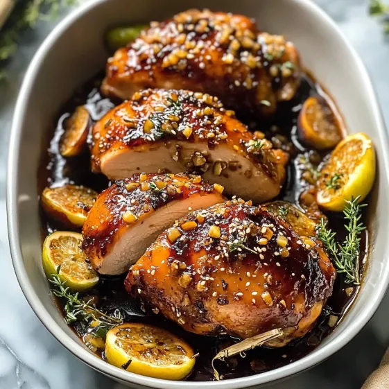 A bowl of chicken with lemon and spices.