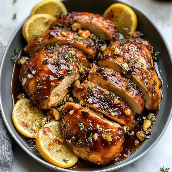 A bowl of chicken with lemon slices and herbs.
