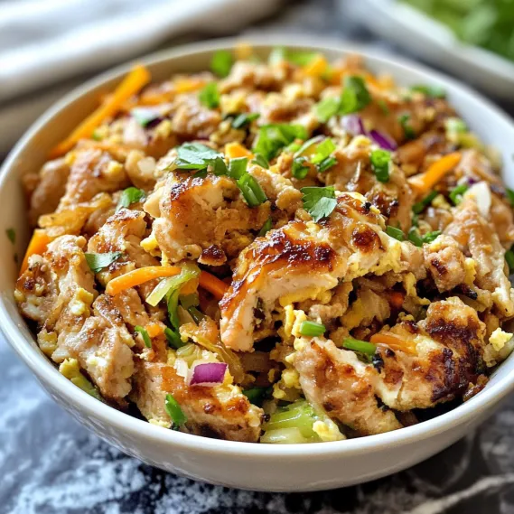A bowl of food with chicken, carrots, and onions.