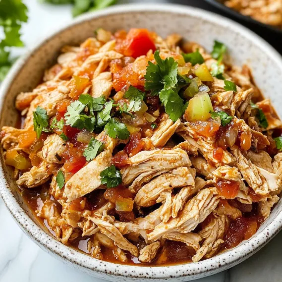 A bowl of chicken with tomatoes and peppers.