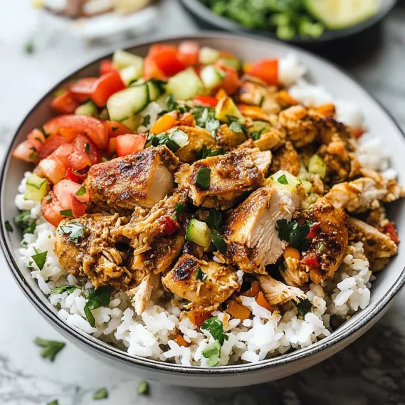 A bowl of rice with meat and vegetables.