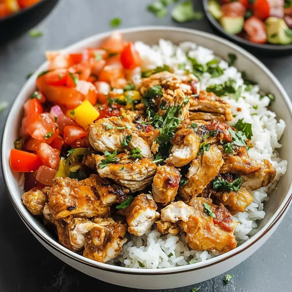 A bowl of food with rice, tomatoes, and chicken.