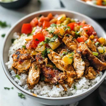 A bowl of food with rice, tomatoes, and chicken.