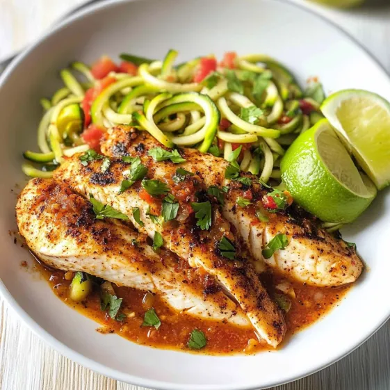 A plate of food with chicken, zucchini, tomatoes, and lime.