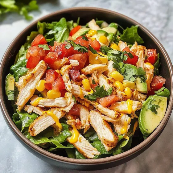 A bowl of chicken salad with tomatoes, corn, and avocado.