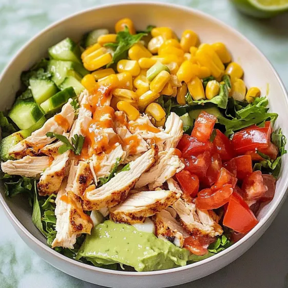 A bowl of salad with chicken, corn, tomatoes, and cucumbers.