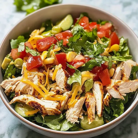 A bowl of chicken salad with tomatoes, lettuce, and cheese.