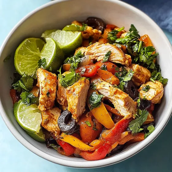 A bowl of food with chicken, limes, and peppers.