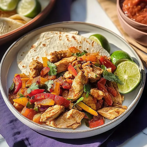 A plate of food with chicken, peppers, and limes.