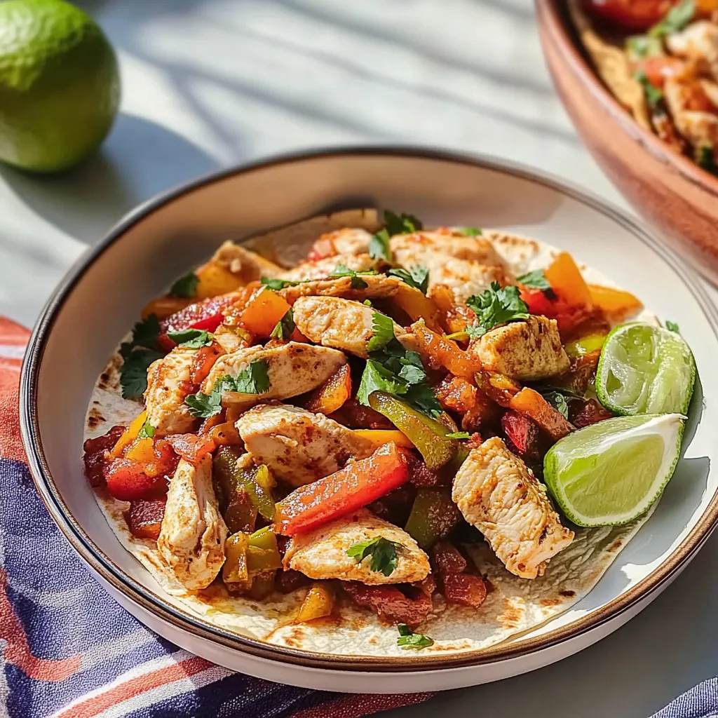 A plate of food with chicken, peppers, and lime.