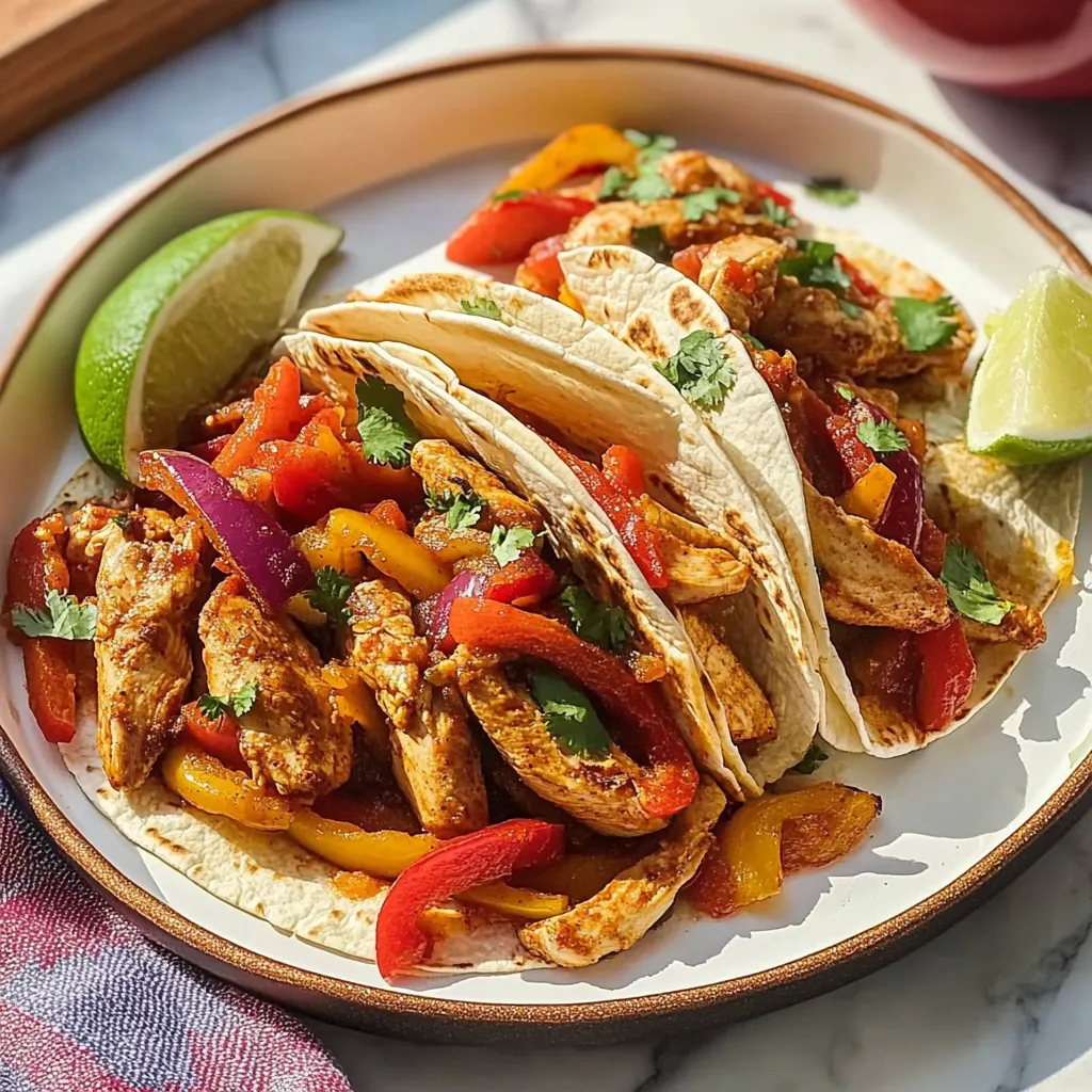 A plate of food with chicken, peppers, and lime.