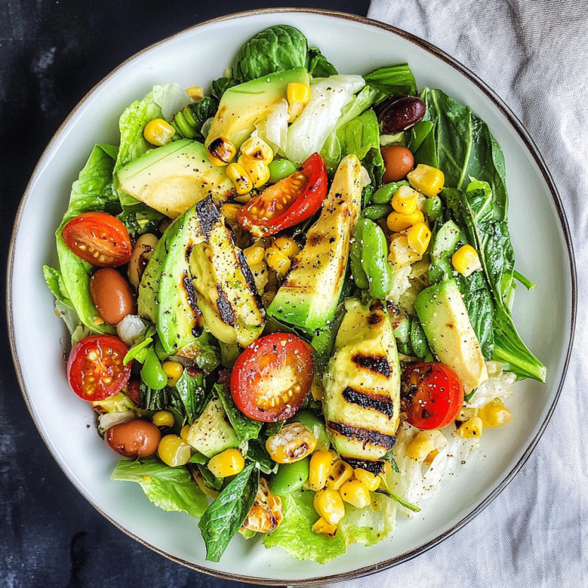 A grilled romaine salad topped with pickles, fava beans, and avocados.