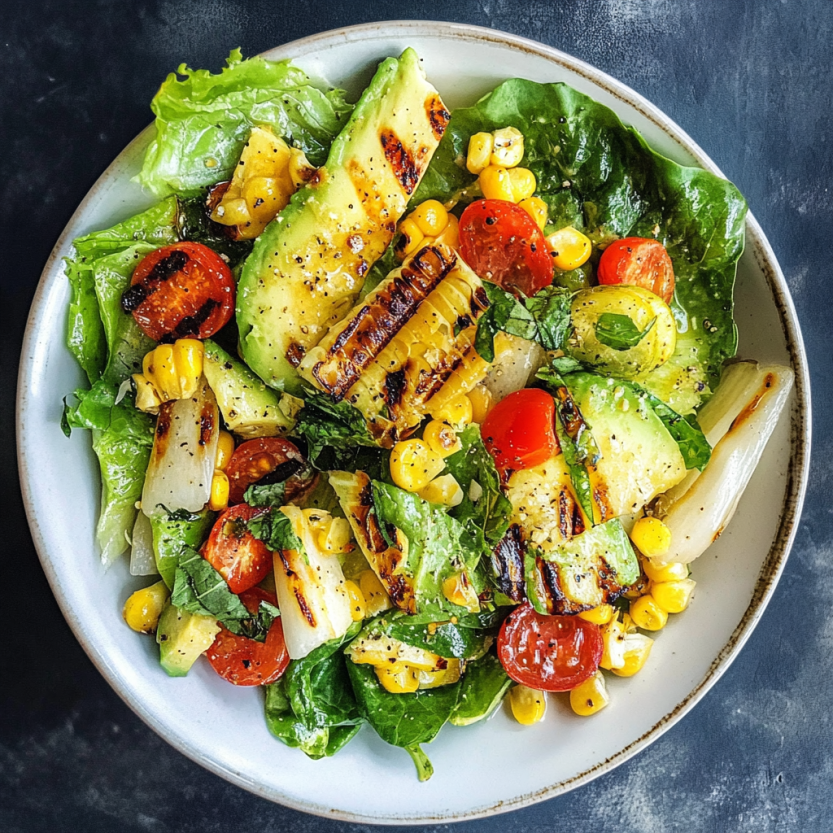 A grilled romaine salad topped with pickles, fava beans, and avocados.