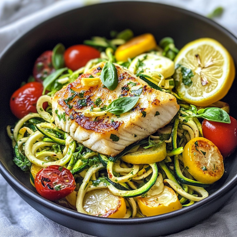 Une assiette de nourriture garnie de légumes frais et de zoodles de courgette.