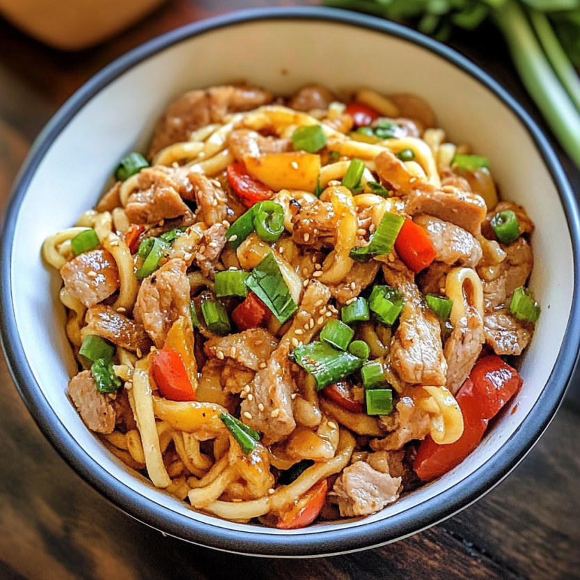 Spicy pork noodles in a bowl with green onions and chopsticks.