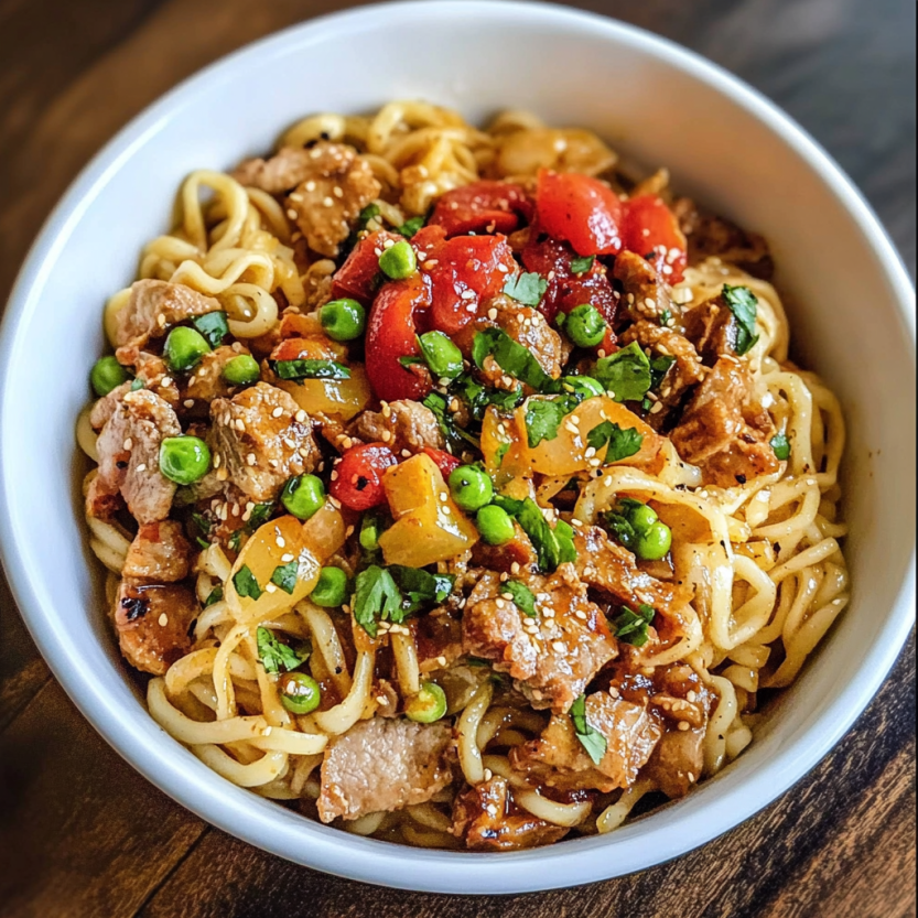 Une assiette de spaghetti avec des légumes et des viandes.