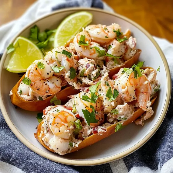 A plate of shrimp and vegetables.
