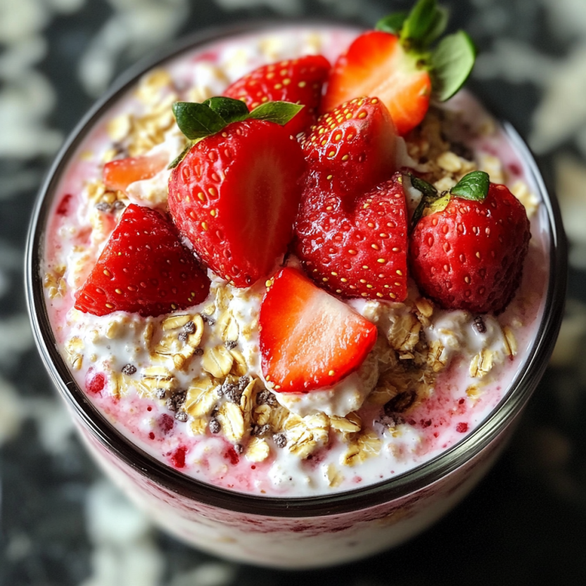 A glass stuffed with pancakes and sliced strawberries.
