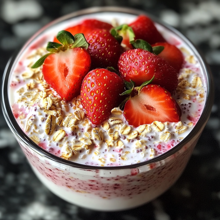 A cup filled with creamy strawberry goodness and strawberries piled up top.