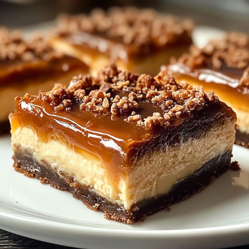 Some caramel cheesecake bars sitting on a little plastic tray.