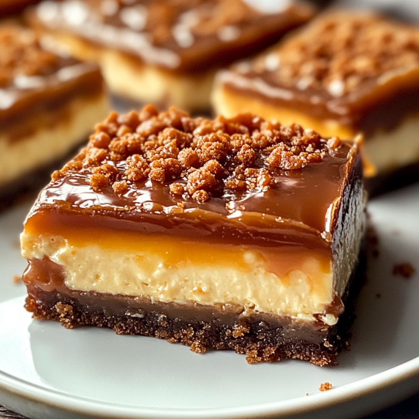 Caramel and cheesecake bars on display.