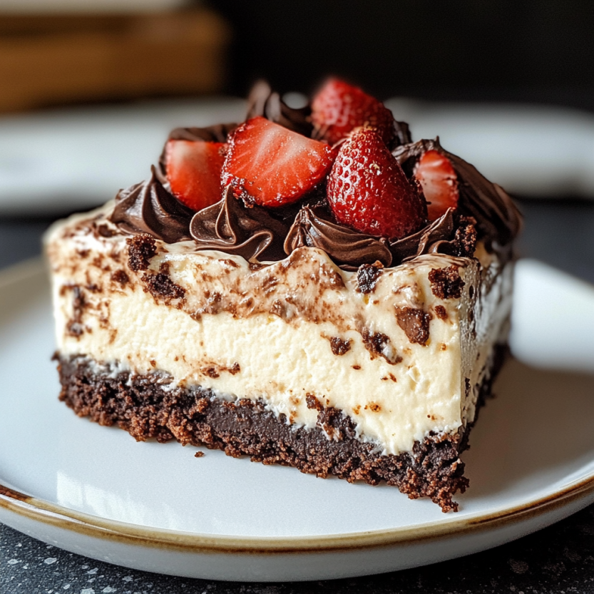 A super tasty chocolate tart with strawberries on a tray.