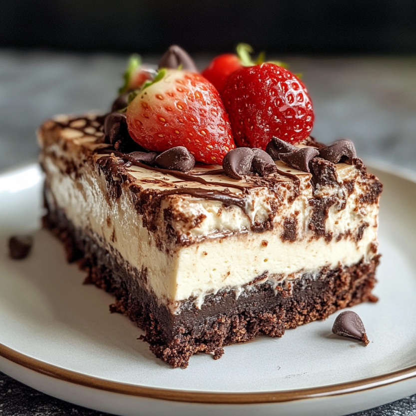 A chocolatey dessert wedge with strawberries on a plate.
