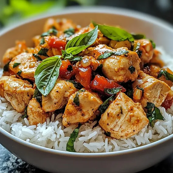 A bowl of rice with chicken and tomatoes.