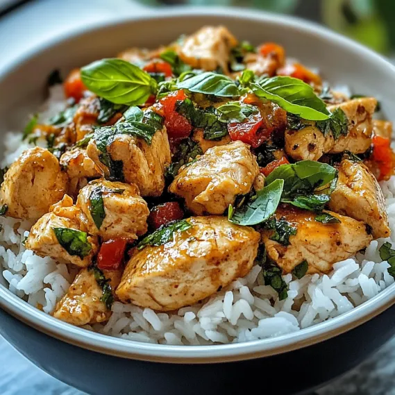 A bowl of rice with chicken and vegetables.