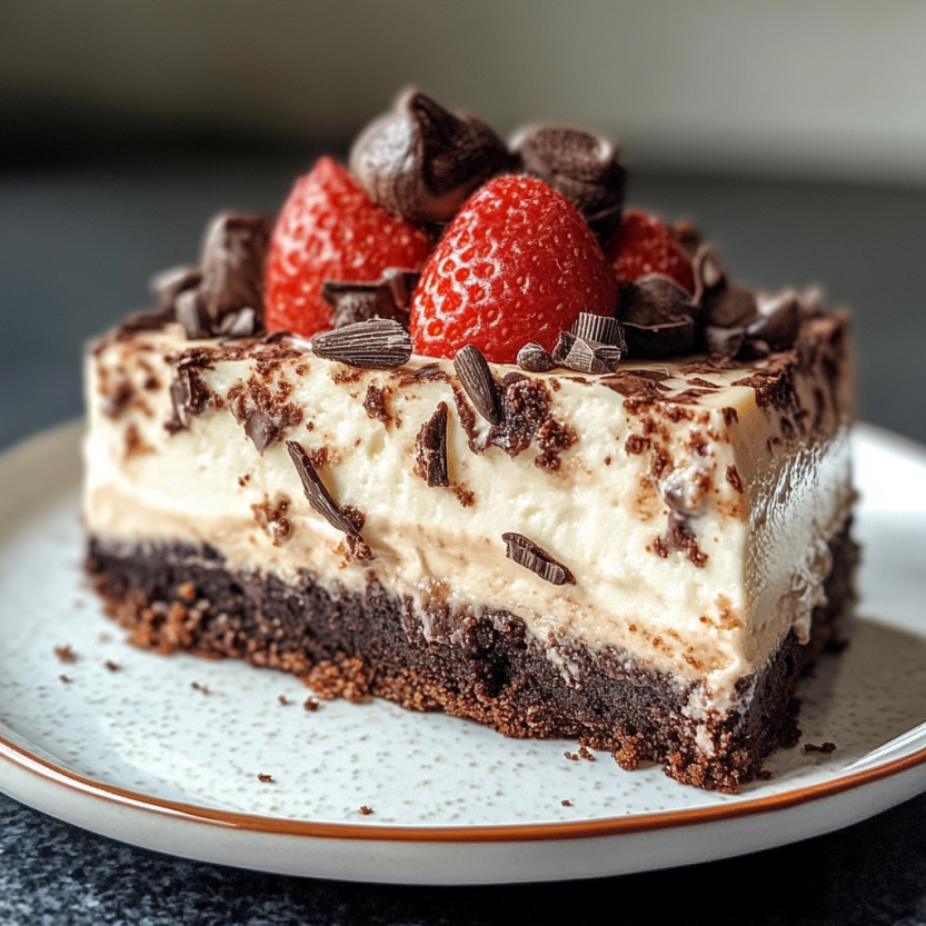 A super rich chocolate and cream dessert topped with strawberries, chocolate, and whipped cream.