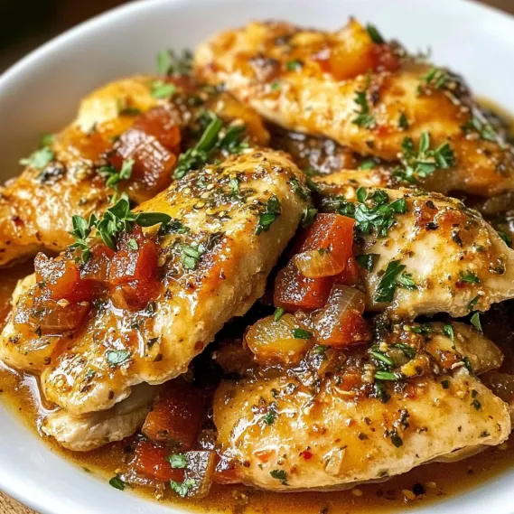 Chicken with sauce on a white plate.